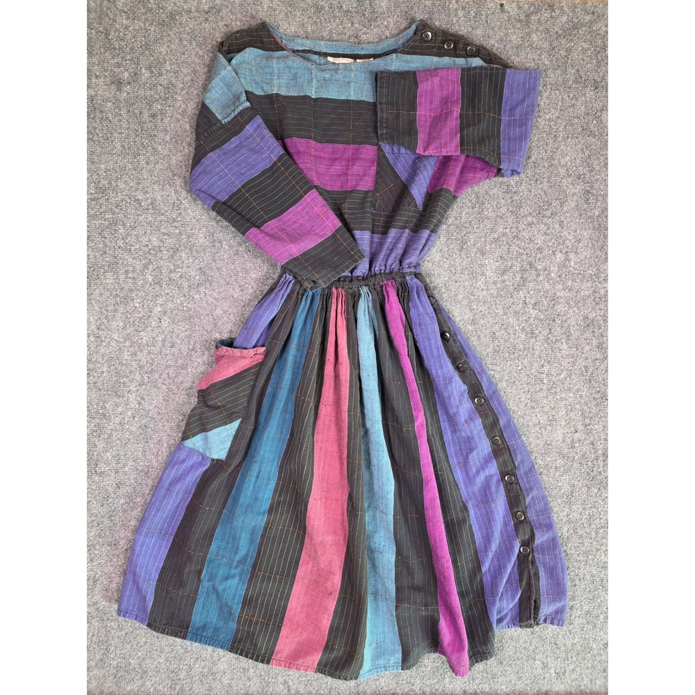 Vintage 80s Michel NY Paris Color BLock Cotton Dress Womens L Boho Patchwork
